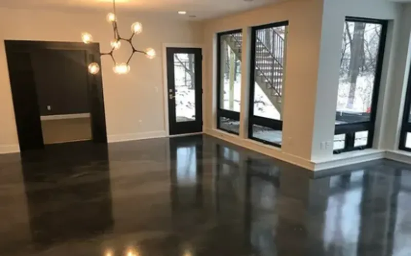 Dark epoxy flooring interior space