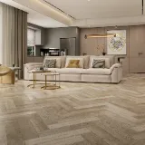 Beige sofa light wood floor living room
