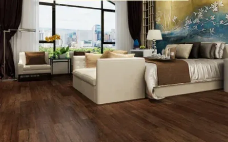 Cozy sofa area with wood-look PVC flooring